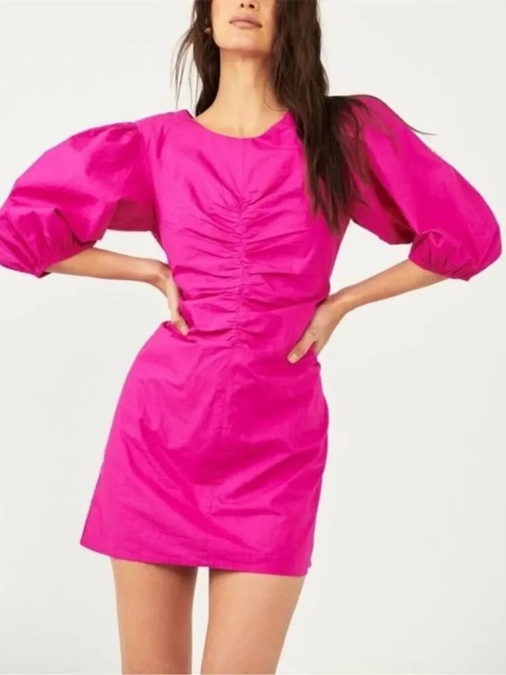 Free People Hope Poplin Mini Puff Sleeve Dress Fuchsia Fantastic